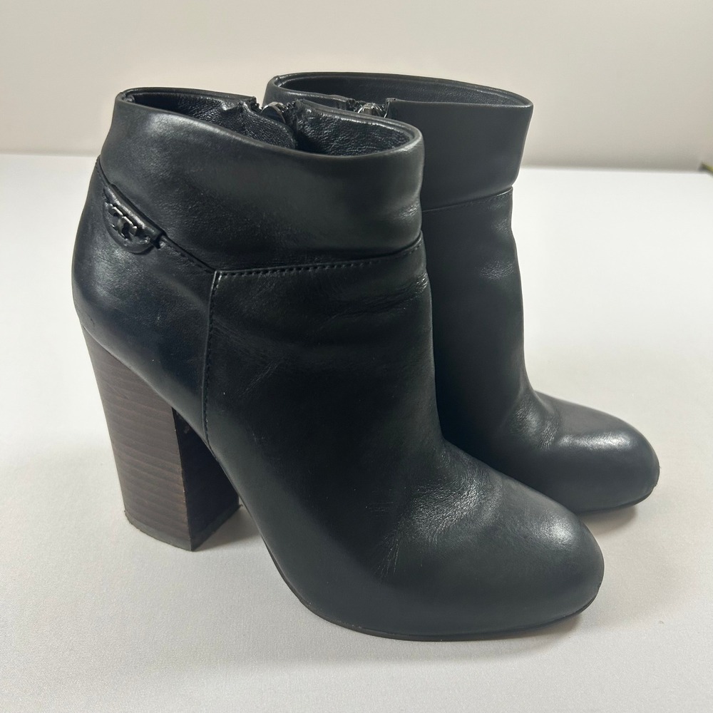 Tory Burch Ankle Boots Women 6.5 Black Leather Stacked Block Heel Zip Booties